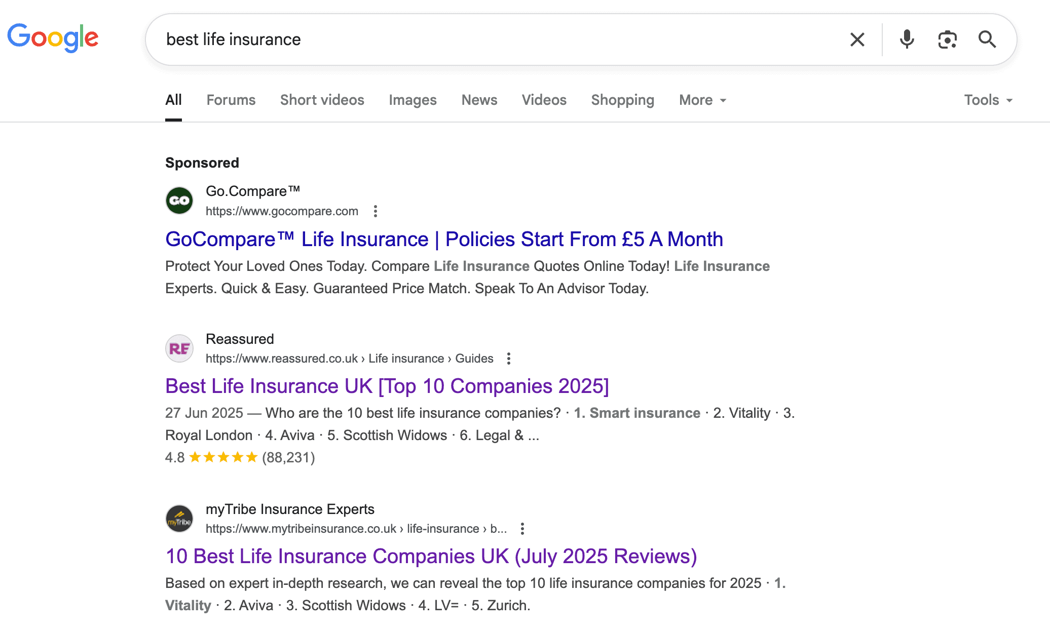 Résultats Google de la meilleure insurrance de vie